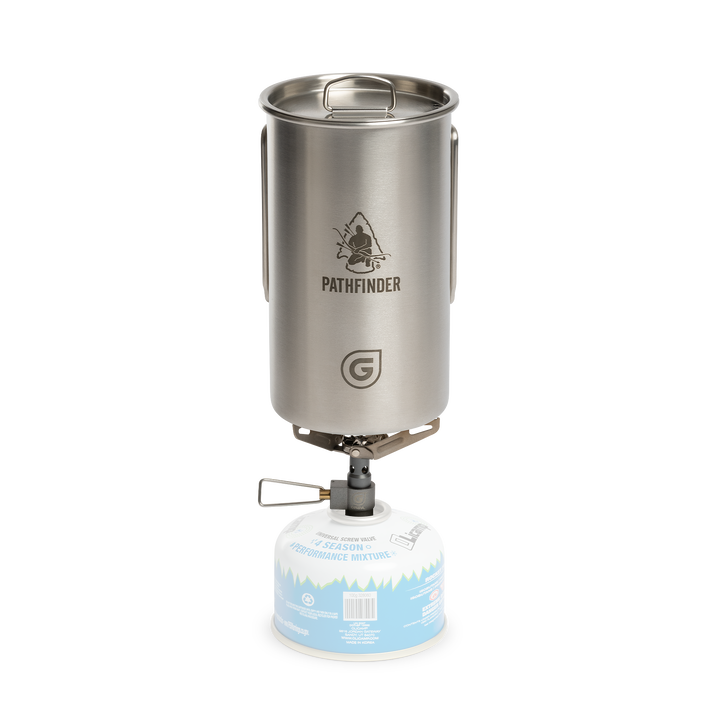 Pathfinder x GRAYL / 30 Ounce GeoPress Stainless Steel Nesting Cup and D-Ring Lid / Ultralight Titanium Stove / Front View / Covert Black / Olive Drab / Coyote Brown / Peak White