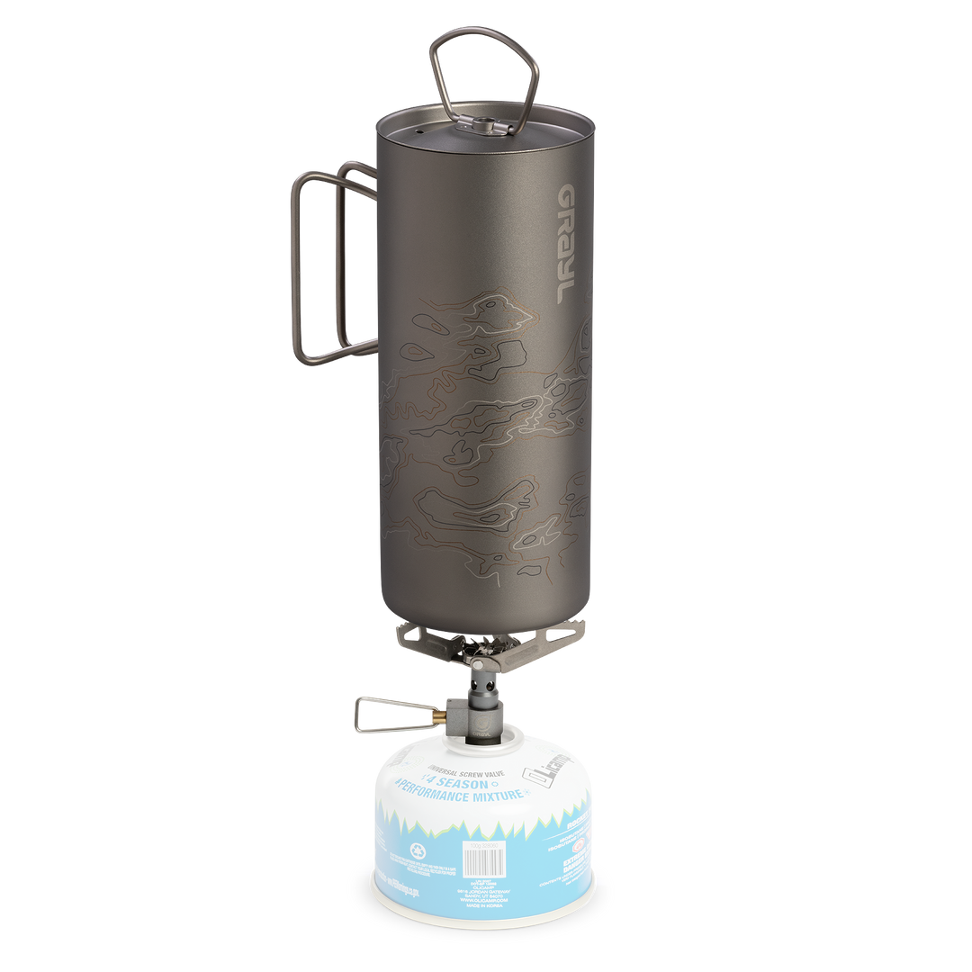 Ultralight Titanium Camp Stove / 28 grams / Fuel / GeoPress Titanium Bottle / Natural / Fade / Side View