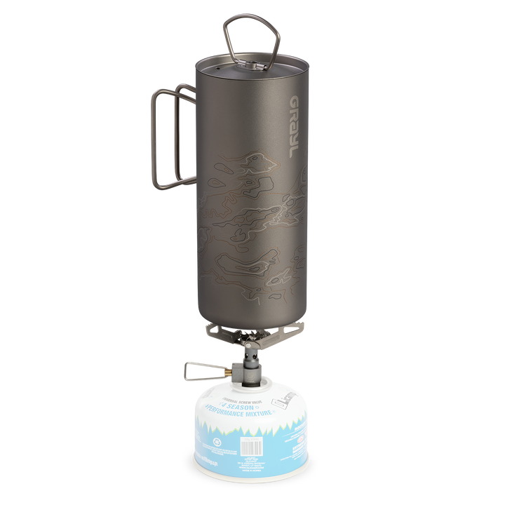 Ultralight Titanium Camp Stove / 28 grams / Fuel / GeoPress Titanium Bottle / Natural / Fade / Side View