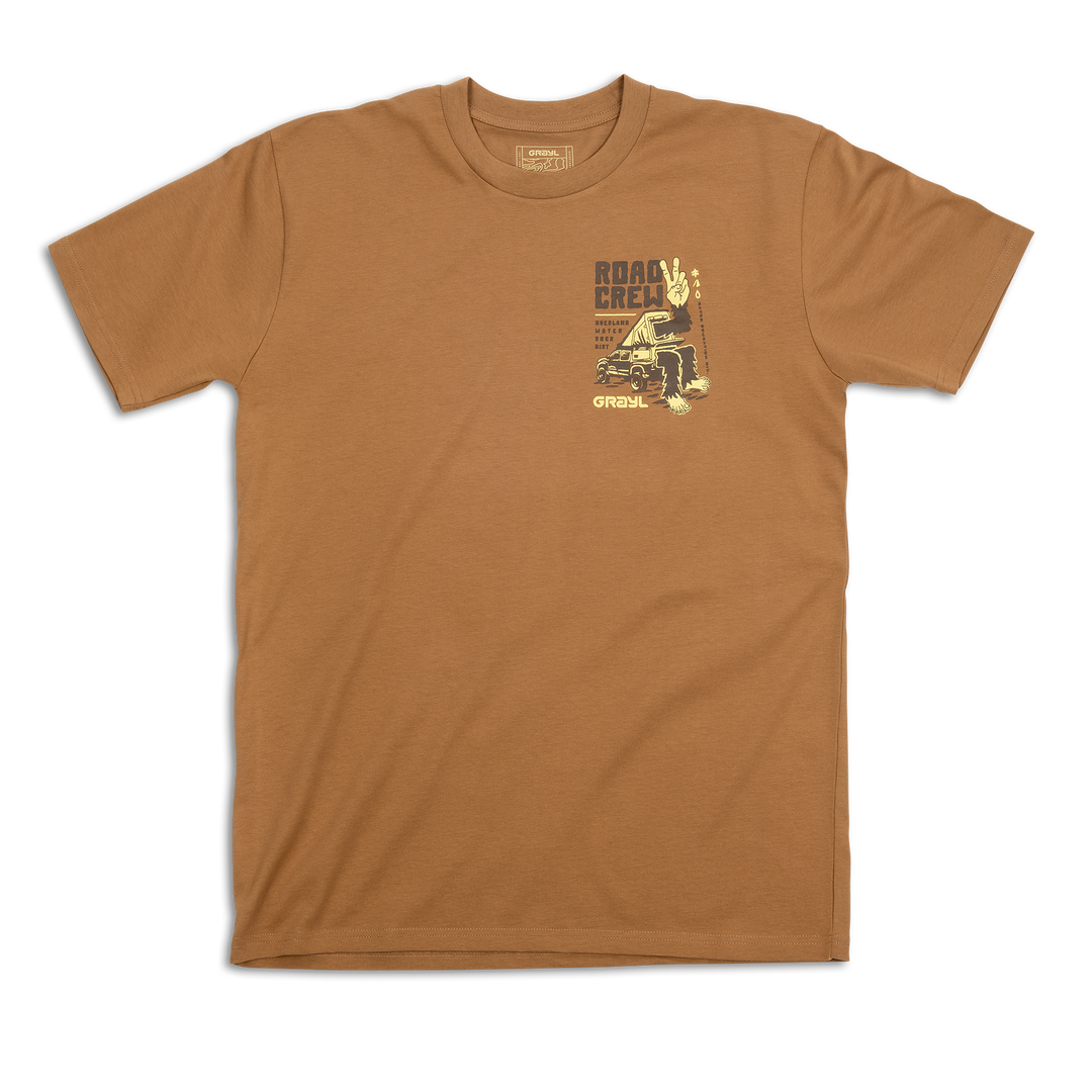 Grayl "Road Crew" Custom Multi-Color Custom Tee Shirt / Front View / Camel
