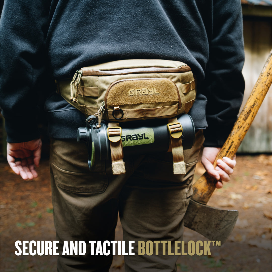 Grayl® Transport Hip Pack &amp; Crossbody Sling / Secure And Tactile BottleLock / Wander Blue / Covert Black / Coyote Brown / Olive Drab
