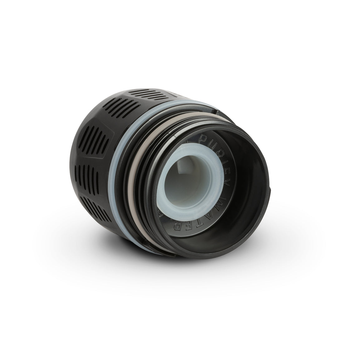 Grayl UltraPress Replacement Filter and Purifier Cartridge • One-Way Drink Mix &amp; Electrolyte Valve • Angle View / Black / Valve