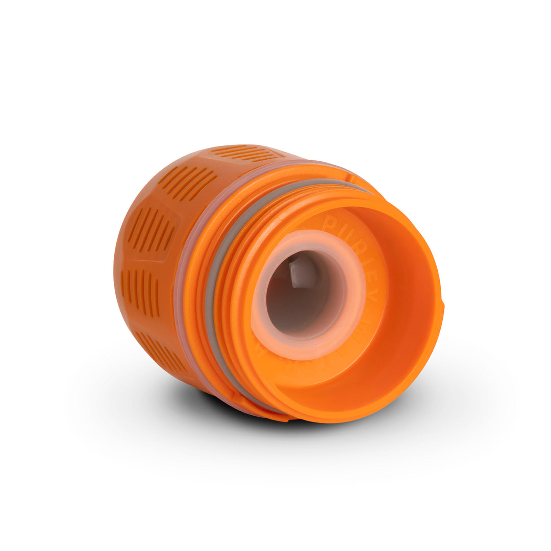 Grayl UltraPress Replacement Filter and Purifier Cartridge • One-Way Drink Mix &amp; Electrolyte Valve • Angle View / Orange / Valve