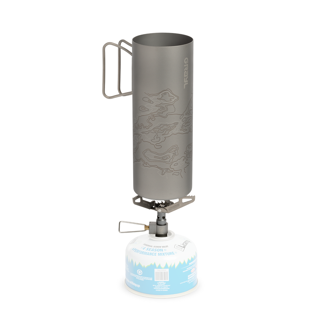 Ultralight Titanium Stove / 28 grams / Fuel / UltraPress Titanium Bottle / Fade / Front View