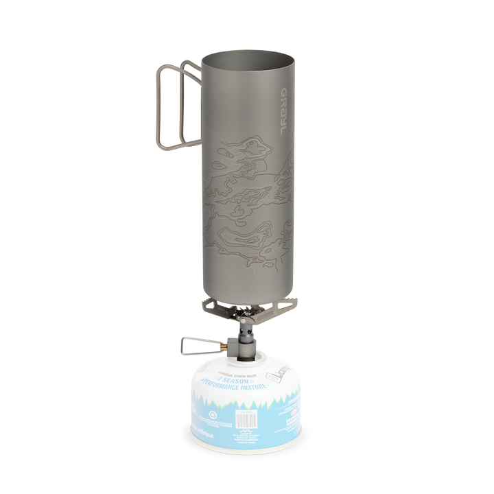 Ultralight Titanium Stove / 28 grams / Fuel / UltraPress Titanium Bottle / Fade / Front View